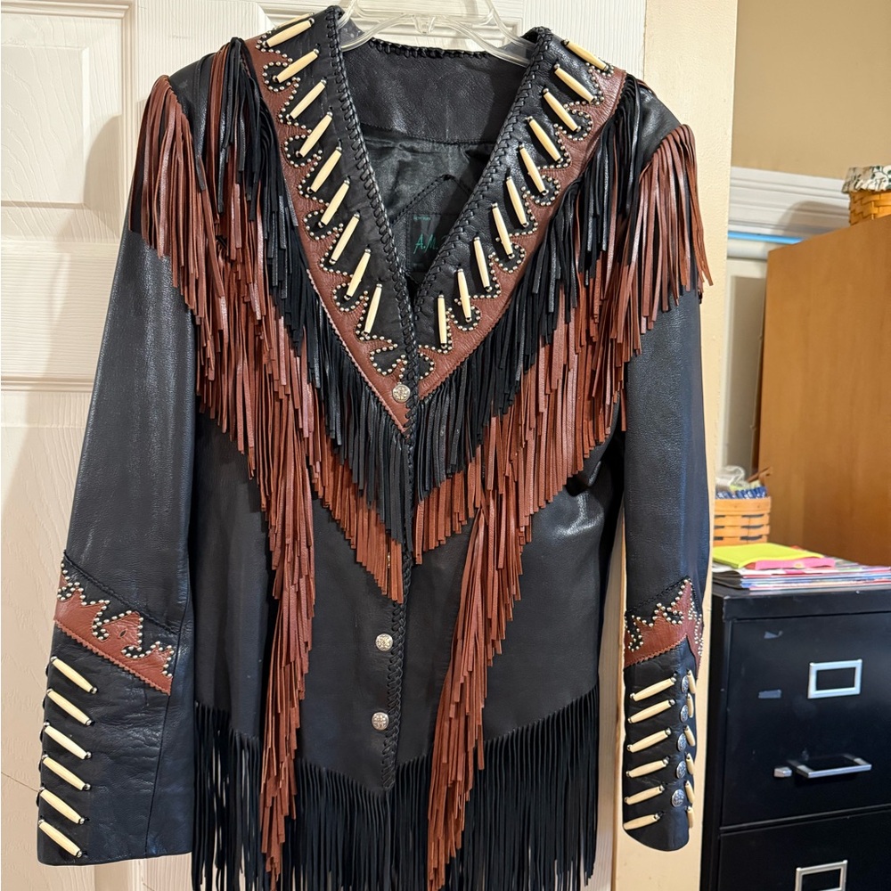 Women’s Vintage Black and Brown Leather Jacket with Fringe Western/Motorcycle